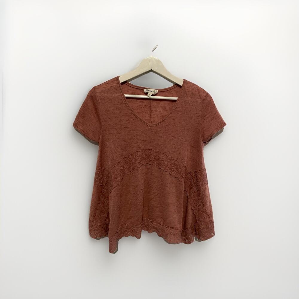 Cloud chaser size Small Flowy Dusty Rose Lace Embellished Boho Short Sleeve top